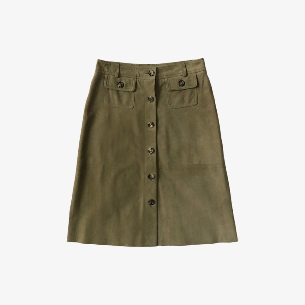 Vintage Olive Green Suede Button-Up Skirt by Theory